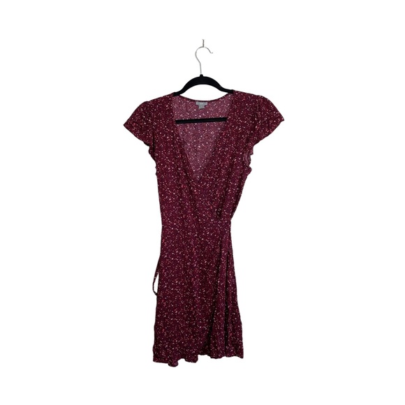 aerie Dark Red Ditsy Floral Print Wrap Front Mini Dress Size Small Women’s - Picture 2 of 13